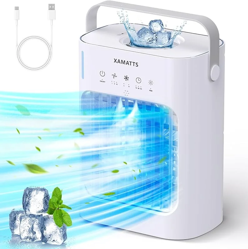 Tragbarer Ventilator für Klimaanlagen, 4-in-1 Verdunstungs-Mini-Klimaanlage, tragbar, 700 ml, persönlicher kleiner Schreibtisch-Luftkühler, Luftbefeuchter, Nachtlicht, 3 Windgeschwindigkeiten
