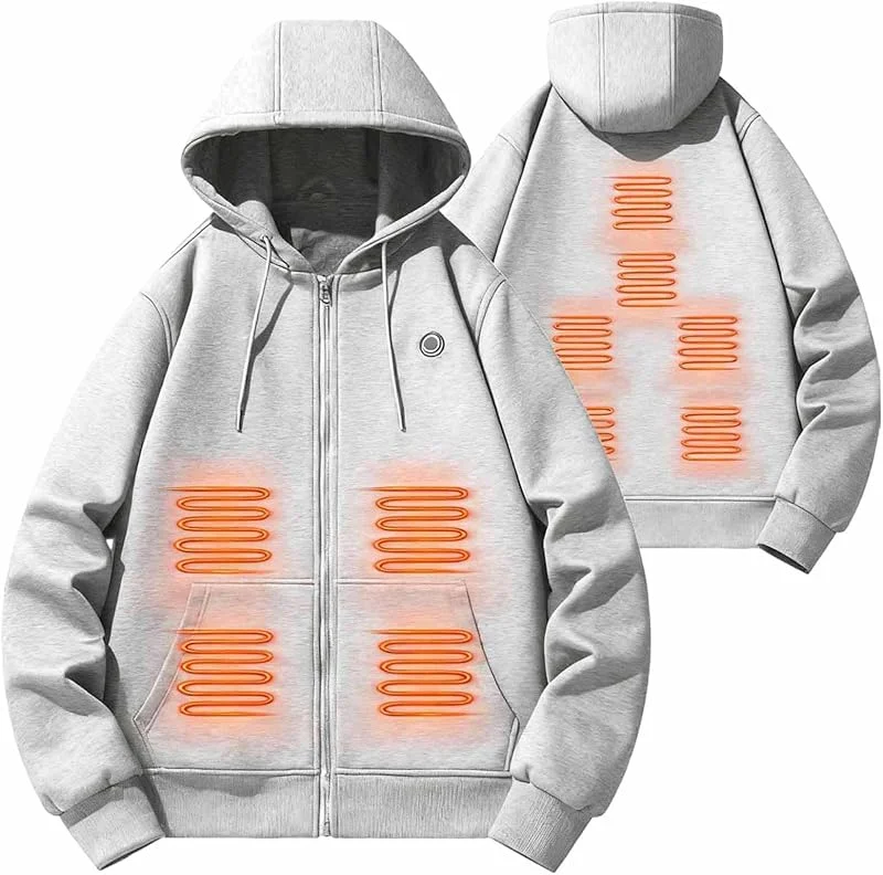 UHouse Beheizte Sweatjacke Herren Gefüttert Winter Beheizbare Sweatshirt Jacke Beheizbarer Hoodie Zipper mit 10 Heizzonen USB Heizjacke Outdoor Kapuzenpullover mit Reißverschluss Wärme Kapuzenjacke — Heizkleidung
