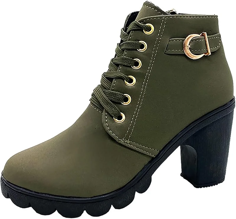 Damen-Stiefel, modisch, Retro, kurze Stiefel, Schnürung, hohe Absätze, rutschfest, rund, schick, elegant, bequem, Herbst und Winter — Heizkleidung