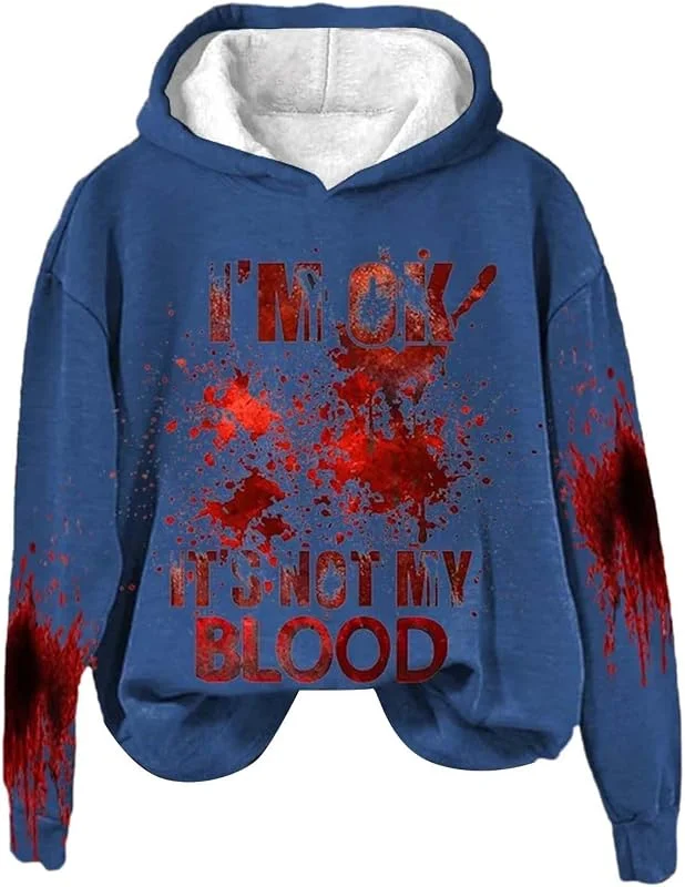 Problem Gelöst Halloween Hoodie Damen Langarm Blutige Pullover Sweatshirt mit Kapuze Halloween Kostüm Blutigem Buchstaben-Aufdruck Kapuzenpullover mit Blutspritzer Muster Soft Lockere Kapuzenpulli — Heizkleidung