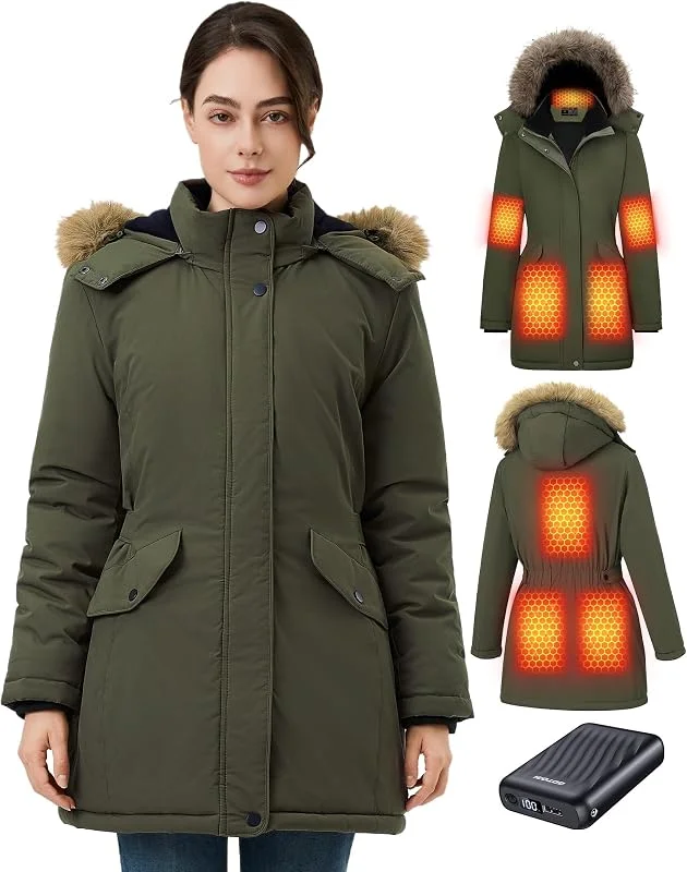 Beheizbare Jacke Damen mit Powerbank 12V 18400mAh, 8 Heizzonen Heizjacke mit 3 Temperaturstufen, Wasserdicht Warme Wintermantel mit Abnehmbar Kapuze, Winddicht Lang Parka zum Skifahren — Heizkleidung