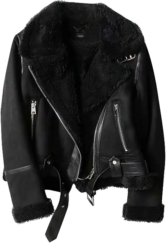 Ansenesna Winterjacke Damen Warm Gefüttert Wintermantel Innen Mit Fell Motorrad Jacke Winter Mantel Frauen Fellkragen Dicke Damen-Jacken Ohne Kapuze Wildleder Lederjacke Schwarz Ledermantel — Heizkleidung