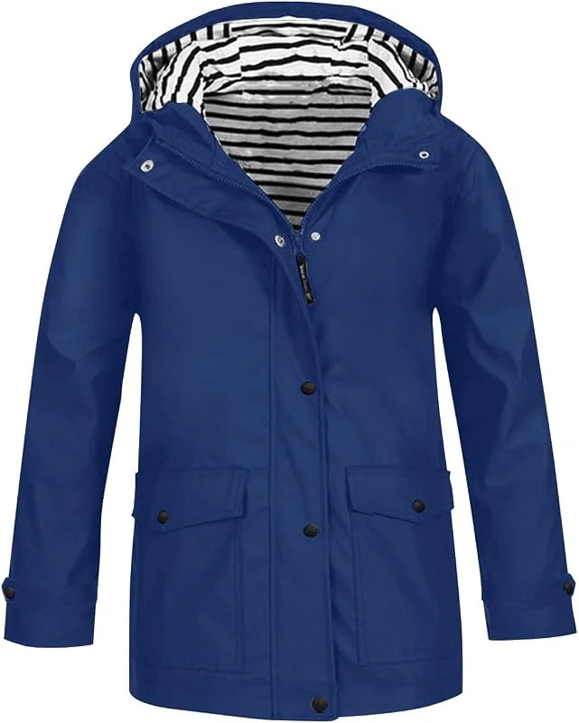 Gefütterte Regenjacke Mädchen Wasserdicht Regenmantel mit Gestreifte Kapuzen Winddicht Softshelljacke Reißverschluss Leichter Windbreaker Langarm Mantel Windjacke — Heizkleidung