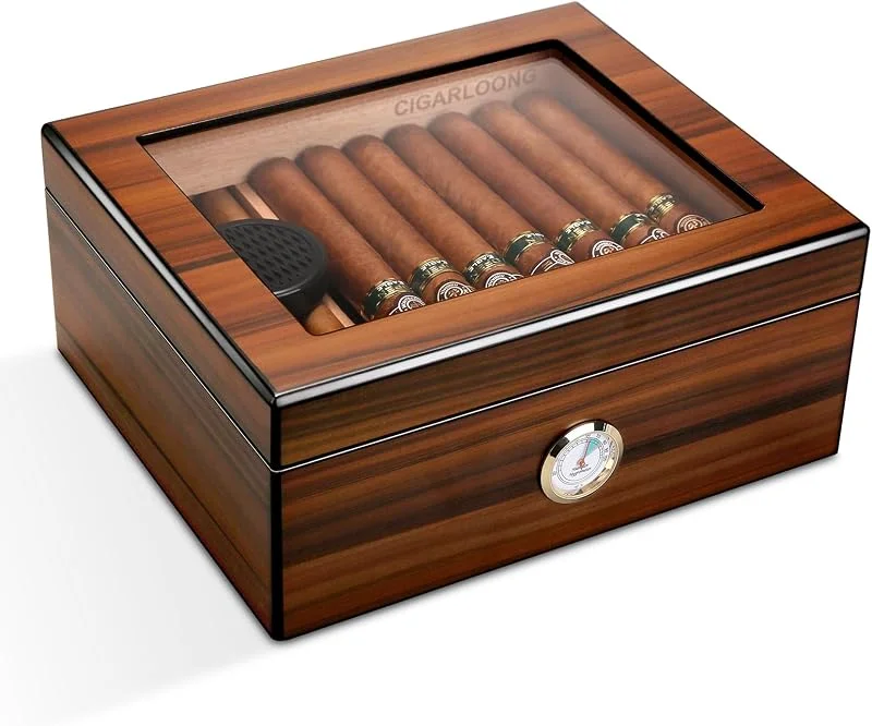 CIGARLOONG Humidor 45-56 Aufbewahrungsbox für den Schreibtisch, aus Zedernholz, mit Trennwand, Luftbefeuchter und Hygrometer, Braun