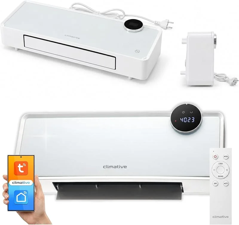 GlassAir Wandheizlüfter 2000W, Glasfront, WiFi & Tuya App, Keramik-PTC Elektroheizung zur Wandmontage, Heizlüfter Bad, Thermostat, Timer, Wochenprogramm, Oszillation, Fernbedienung, Weiß — Heizung Warmepumpe