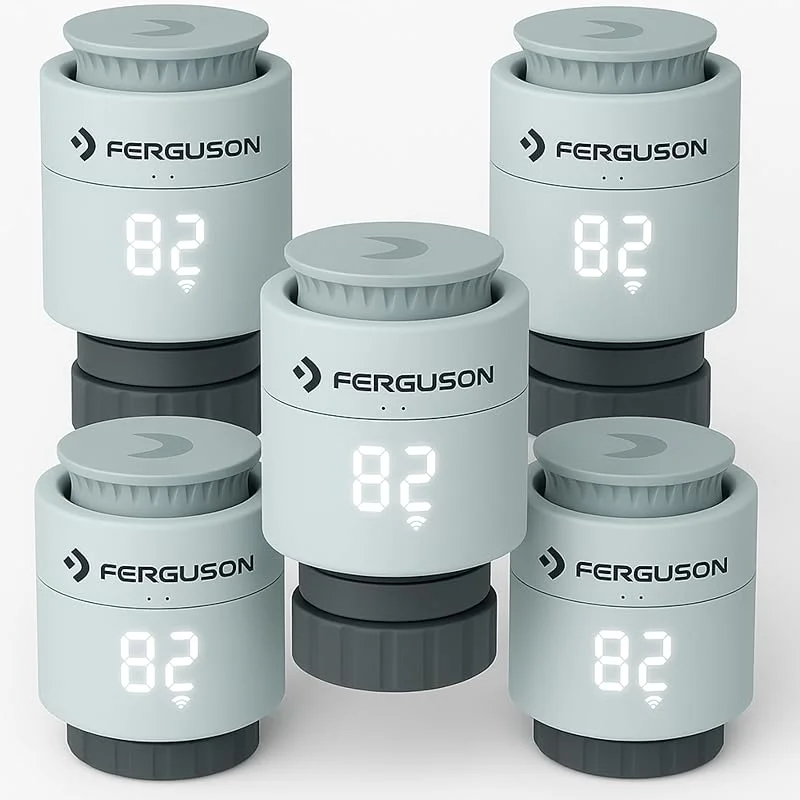 Ferguson 5X Smart Thermostatkopf ZigBee – Heizkörperthermostat programmierbar mit App Steuerung, Funkthermostat für Smart Home Set kompatibel mit Home Connect System — Heizung Warmepumpe