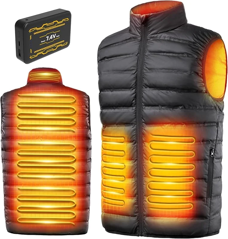 Beheizbare Weste, Heizweste für Damen Herren, Beheizte Daunenjacke, Heizjacke mit 25000mAh Powerbank, 7.4V Jacke mit 3 Einstellbar Temperatur, 6 Heizzone, Wärmeweste Winter Regenjacke Kleidung mit Akku — Heizkleidung