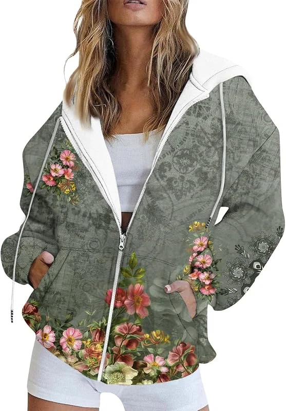 Sweatjacke Damen Mit Kapuze Jacke Damen Winter Oversize Übergangsjacke Reissverschluss Hoodie Herbstjacke Frauen Sweatshirt Kapuzenjacke Blumen Vintage Winterjacke Damen-Jacken Pullover Mantel — Heizkleidung