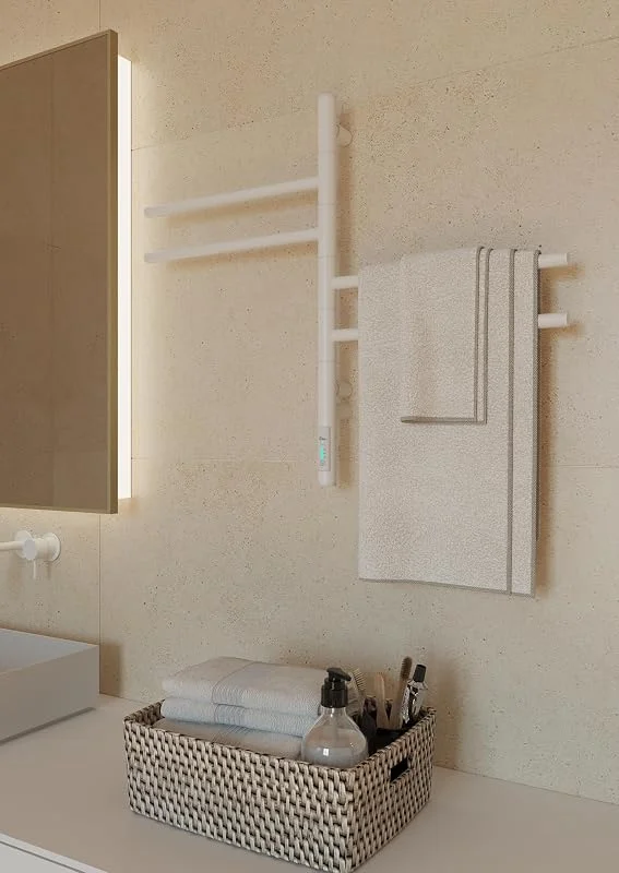 Elna Elektrischer Handtuchheizkörper 57W – Weißer Wandheizkörper 62x40 cm mit Thermostat & 4 Armen – Energiesparende Badheizung – IP44 — Heizung Warmepumpe