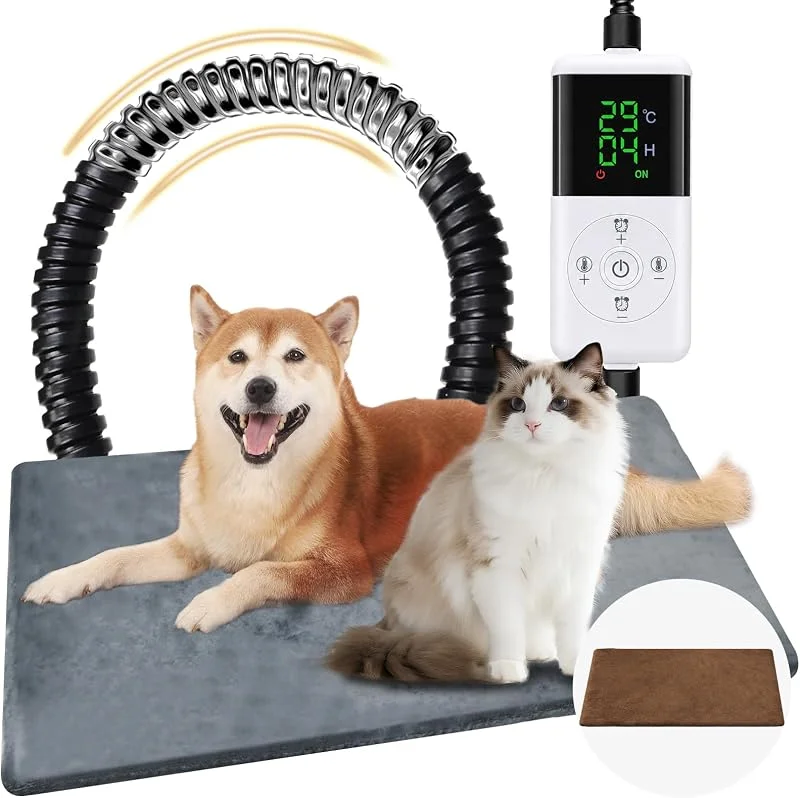 YFFU Heizkissen für Haustiere, 70 x 45 cm, Temperatur 30–60 °C und 13 Timer-Steuerung, wasserdichte Wurfmatte mit kaufester Schnur und 2 waschbaren Bezügen für Hunde und Katzen — Heizung Warmepumpe