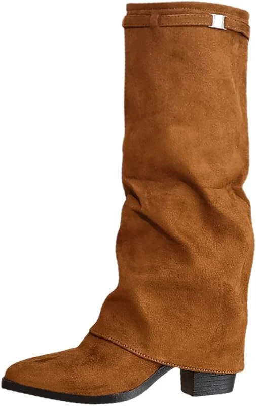 Damen-Stiefel mit mittlerer Wade, modische -Schnalle, spitze Zehenpartie, kniehohe Stiefel, bequeme Stiefeletten mit Absatz für den Winter, lässige Outdoor-Kleidung — Heizkleidung