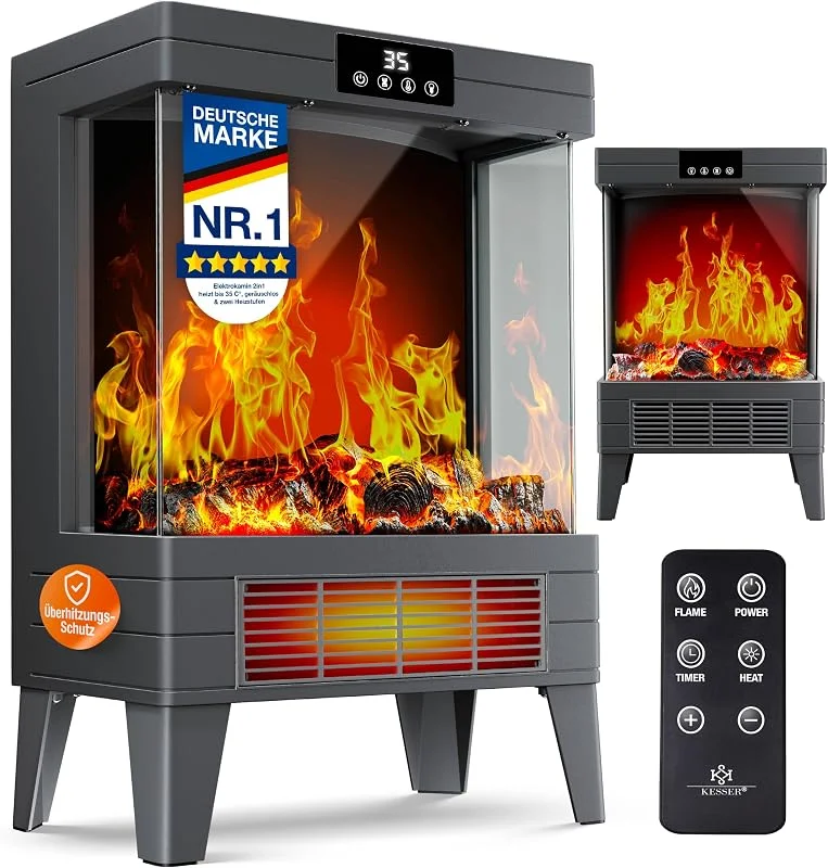 KESSER® LED Kamin Arvo mit Heizung elektrisch, Kaminheizung Elektrokamin Standkamin mit realistischem Feuer -, Flammeneffekt per Fernbedienung, Timer Überhitzungsschutz Zwei Heizstufen, 2000W — Heizung Warmepumpe