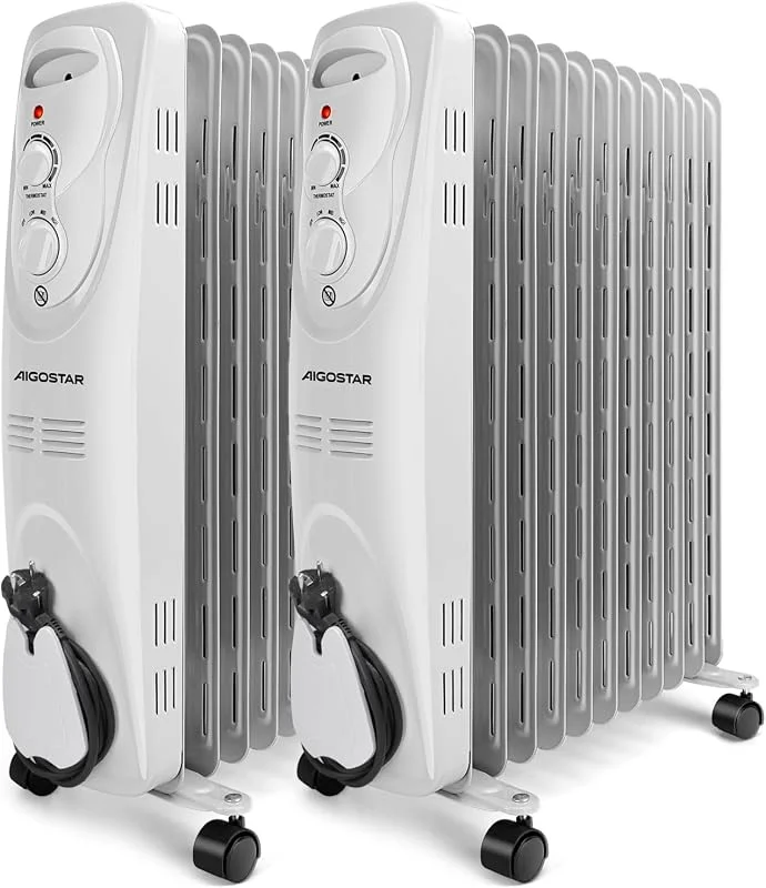 Aigostar Pangpang - 2300W Ölradiator energiesparend Heizkörper mit 11 Rippen, Radiatoren Elektrisch Heizung mit Thermostat, 3 Heizstufen, Elektroheizung Mobiler Ölgefüllte Heizkörper, 2 Pack — Heizung Warmepumpe