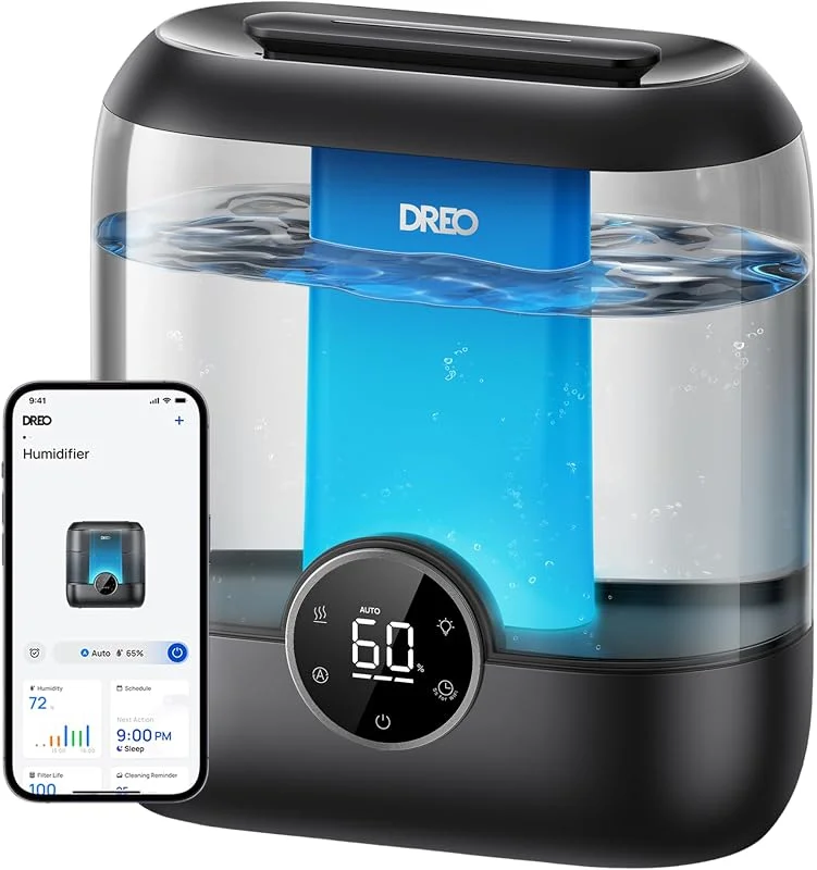 DREO Smart Luftbefeuchter für Schlafzimmer, 6L Top-Fill Humidifier mit kühlem Nebel für große Räume, bis zu 60 Std. Laufzeit, leiser Ultraschallbetrieb, für Pflanzen & Zuhause, Nachtlicht, Schwarz