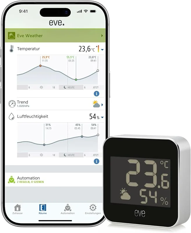 Eve Weather (Matter) – Smarte Wetterstation, Temperatur, Luftfeuchtigkeit, Wettertrend, IPX4-Wasserbeständigkeit, kabellos, Google, Alexa, Siri-Sprachzugriff, Thread Border Router erforderlich, Schwarz — Luftbefeuchter