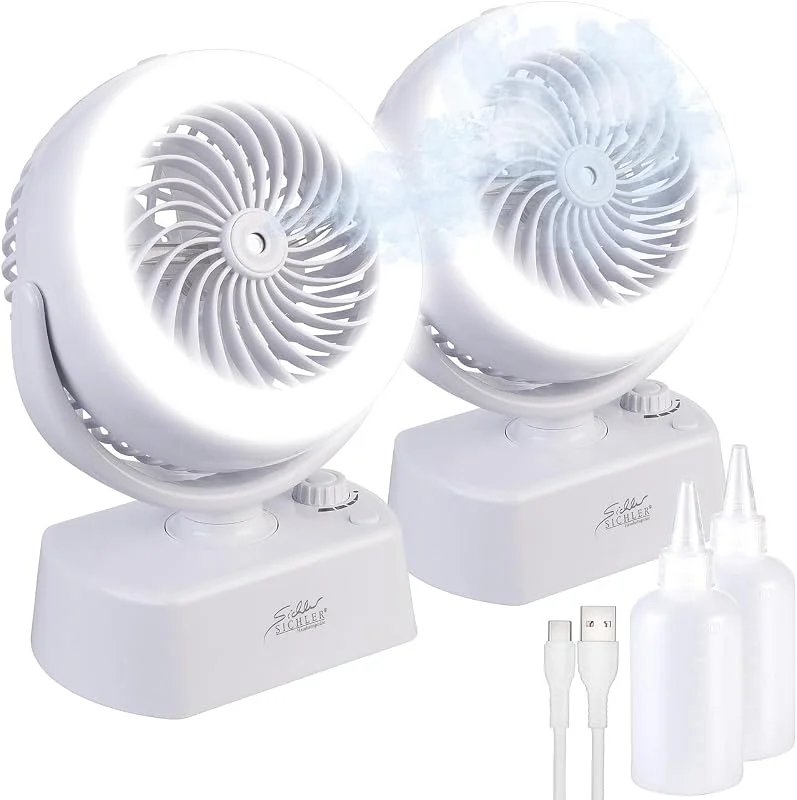 Sichler Haushaltsgeräte 3-stufiger Ventilator: 2er-Set Akku-Tisch-Ventilator & Vernebler, Oszilation, LED-Ring, 1.200mAh (wiederaufladbarer, USB-Vernebler, Spray) — Luftbefeuchter