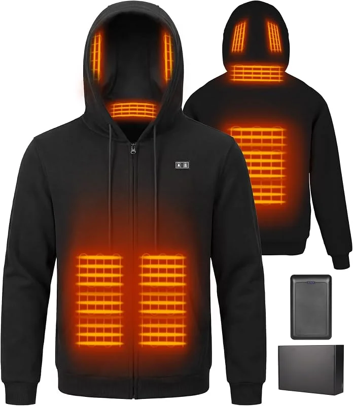 Beheizbarer Hoodie für Männer und Frauenmit Fleece-Futter 7.4V Akku 16000mAh & 6 Heizzonen 3 Temperaturstufen Herren-Winter-Sweatshirt-Jacke — Heizkleidung