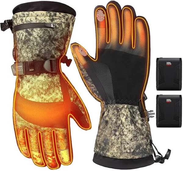KEMIMOTO Beheizte Camo Jagdhandschuhe für Herren, Winter Thermo Elektrische Handschuhe mit 2 wiederaufladbaren Akkus, Touchscreen Camouflage Handschuhe zum Wandern, Skifahren, Schneeschaufeln — Heizkleidung