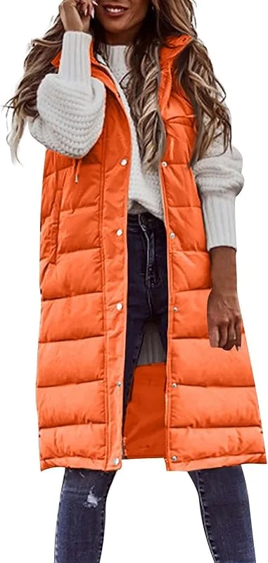 Generisch Steppweste Damen Leicht Mit Kapuze Weste Damen Ärmellos Lang Daunenweste Casual Warm Winter Herbstjacke Elegant Baumwolle Übergangsjacke Hoodie Damenweste Mit Knöpfen Longweste — Heizkleidung