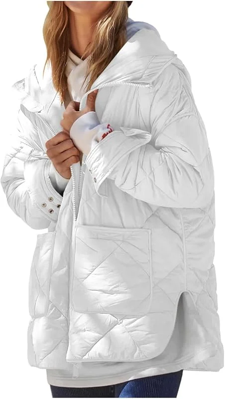 Daunenjacke Damen Leicht mit Kapuze Daunenmantel Winter Warm Wintermantel Lang Daunenjacken Reissverschluss Puffer Jacke Damen Kapuze Locker Winterjacke Dicke Mantel Daunen Frauen mit Taschen — Heizkleidung