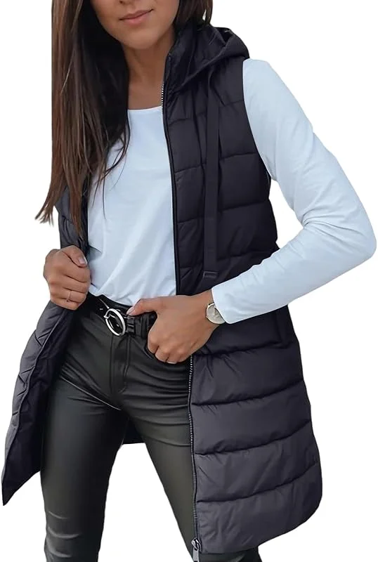 Steppweste Damen Lang Mit Kapuze Lange Weste Ärmellos Steppjacke Winter Longweste Winterjacke Warm Wintermantel Frauen Elegant Jacke Stepp Mantel Ohne Ärmel Zipper Damen-Jacken — Heizkleidung