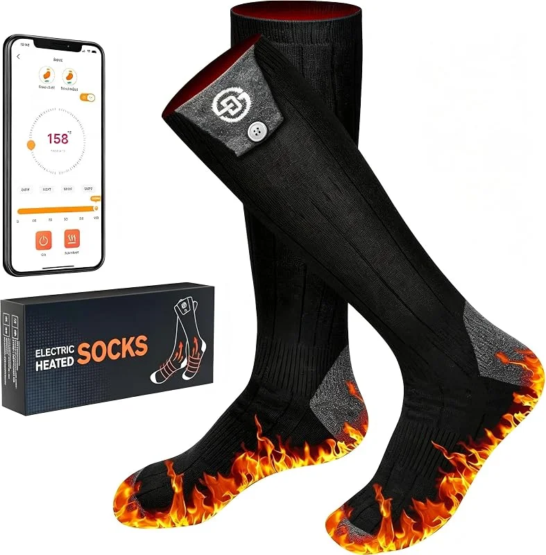 Beheizbare Socken mit APP Steuerung 7000mAh Wiederaufladbare Fußwärmer Warme Socken Damen Herren Waschbare 4 Temperatur Wiederaufladbare Heizsocken für Winter Skifahren, Radfahren, Angeln, Wandern — Heizkleidung