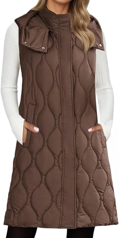 Generisch Steppweste Damen Lang Leicht Weste Damen Elegant Daunenweste Mit Kapuze Lange Winterjacke Warm Wasserdicht Frauen Longweste Ärmellos Hoodie Übergangsweste Leichte Casual Damenweste — Heizkleidung