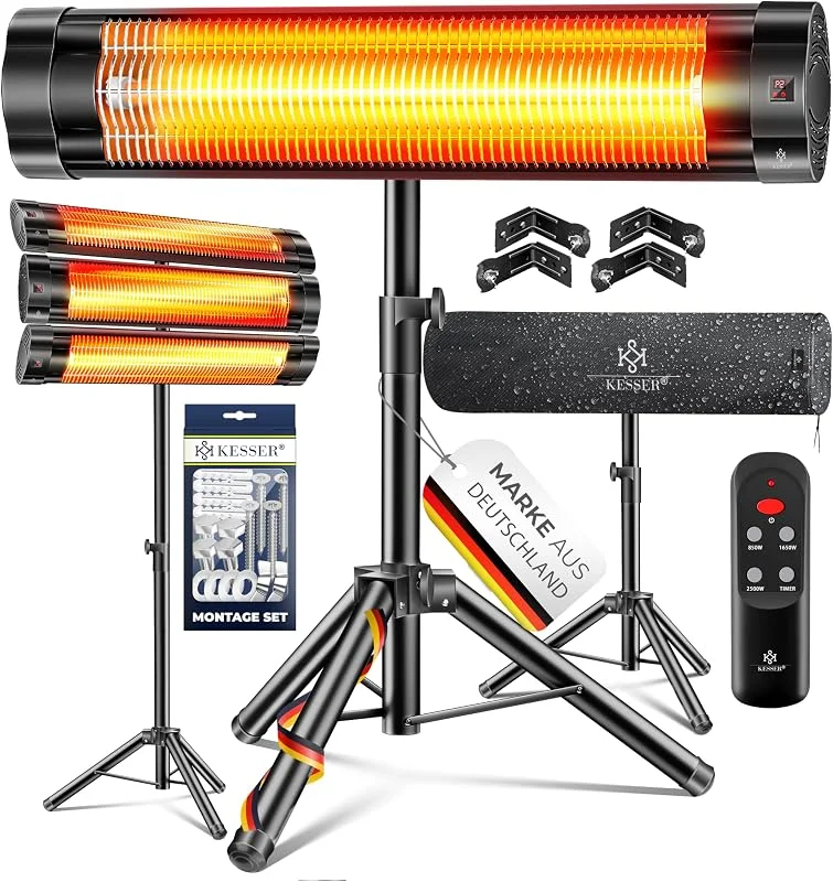 KESSER® Infrarotstrahler Heizstrahler Terrassenstrahler 2500W mit Fernbedienung inkl. Schutzhülle höhenverstellbarem Teleskopstativ Wickeltischstrahler Terrassenheizer Quarzstrahler Infrarot — Heizung Warmepumpe