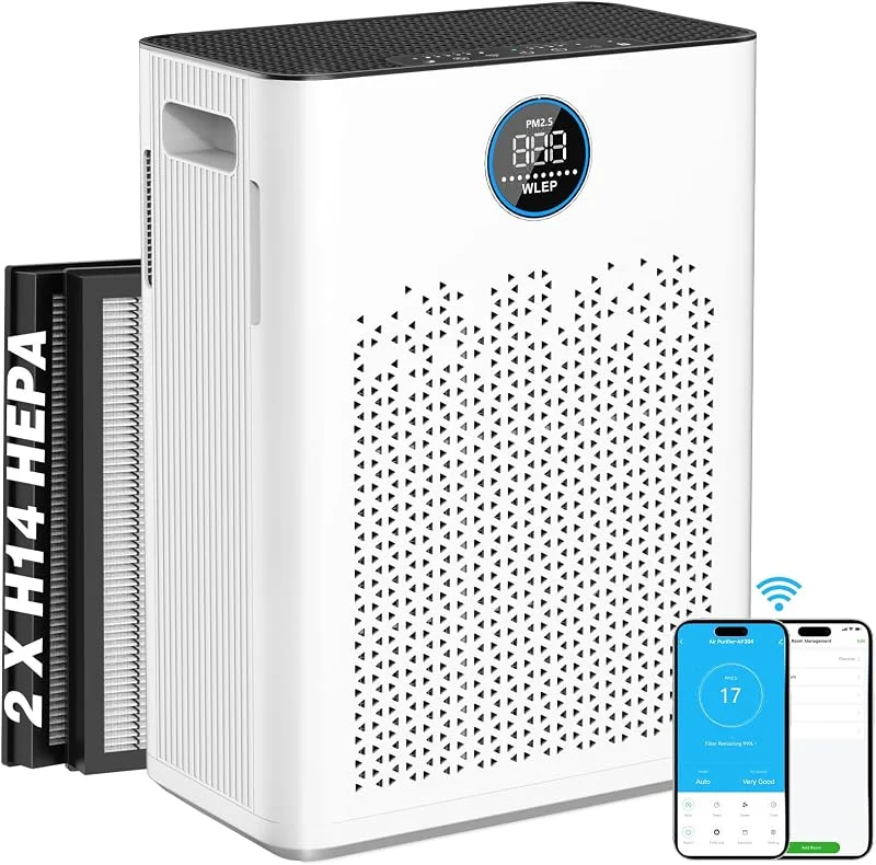 Luftreiniger mit App & Alexa, H14 HEPA Aktivkohlefilter, Smart Luftreiniger für Allergiker, gegen Pollen, Staub, Tierhaare & Gerüche, leiser Schlafmodus, Auto-Modus für Schlafzimmer & Wohnung — Luftbefeuchter