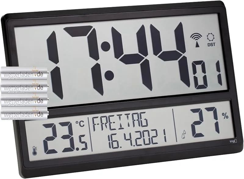 TFA Dostmann XL Wanduhr digital, 60.4520, mit Temperatur und Luftfeuchtigkeit, Wochentag (8 Sprachen), Funkuhr, gut ablesbar, groß, (L) 360 x (B) 235 x (H) 28 (84) mm (schwarz mit Batterien) — Luftbefeuchter