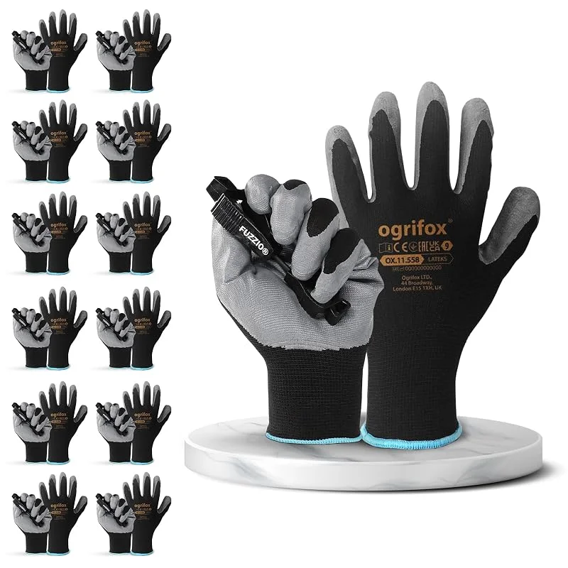 FUZZIO 12 Paar Arbeitshandschuhe Herren Gr 9, Mechaniker Handschuhe Schwarz, Gartenhandschuhe Herren, Arbeitshandschuhe Damen, Montagehandschuhe, Latex Beschichtung mit Handschuhclip — Heizkleidung