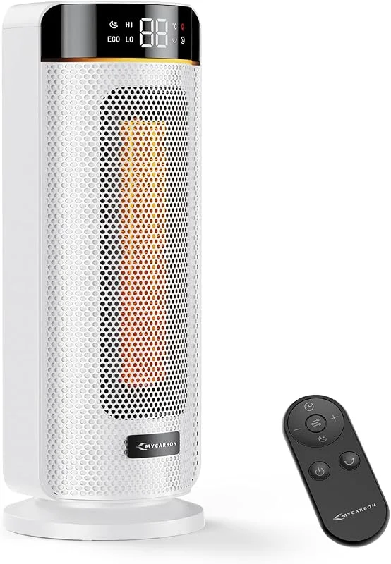 MYCARBON 43cm Heizlüfter Bad - 32dB Leiser 1900W ECO Modus 12H Timer 70° Oszillation, Heizlüfter Energiesparend, PTC Keramik, Fernbedienung, Thermostat für Bad Schlafzimmer Wohnzimmer Büro, Weiß — Heizung Warmepumpe