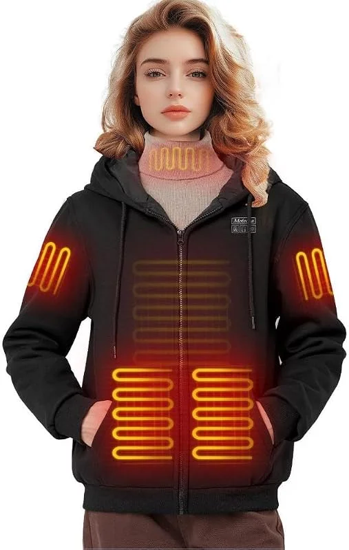 Beheizbarer Hoodie für Damen mit Fleece-Futter 7.4V Akku & 6 Heizzonen 3 Temperaturstufen Herren-Winter-Sweatshirt-Jacke — Heizkleidung