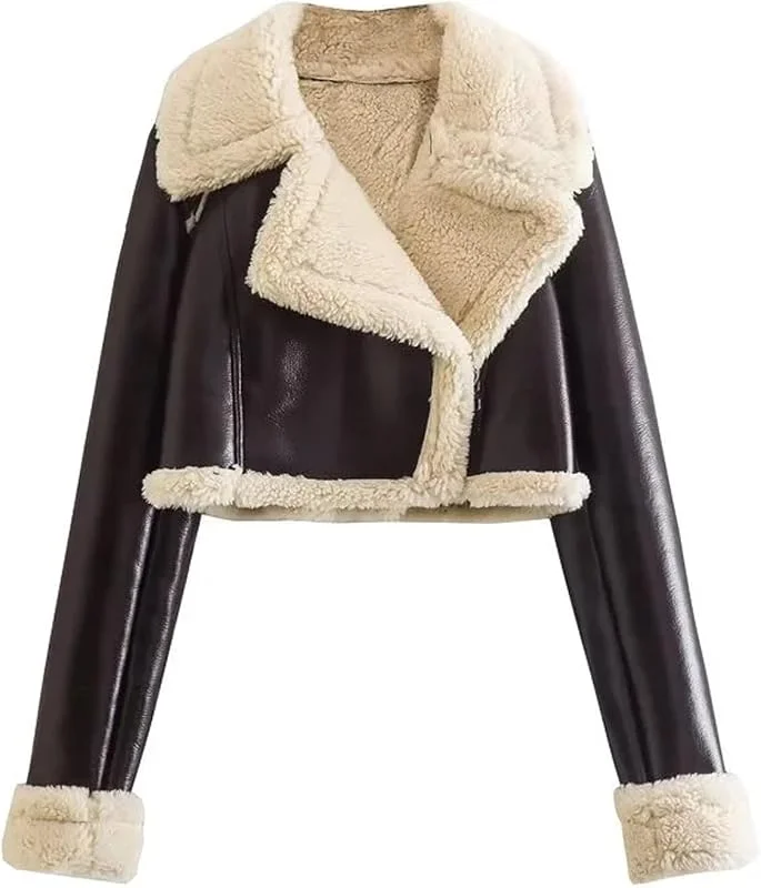 Generisch Winterjacke Damen Warm Gefüttert Lederjacke Damen Kunstleder Jacke Dicke Kurz Wintermantel Fleece Teddyjacke Winter Fellkragen Kunstlederjacke Outdoor Bikerjacke Frauen Elegant Mantel — Heizkleidung