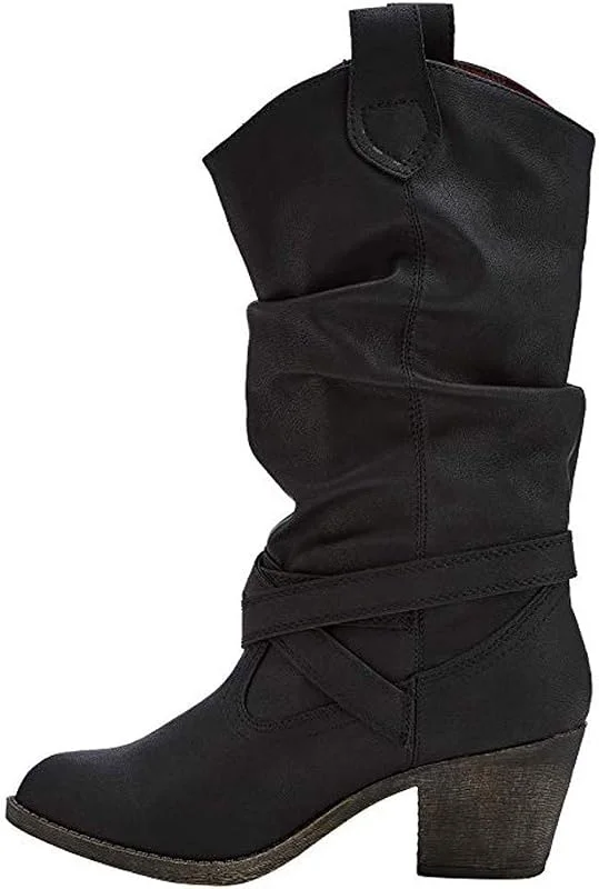 Stiefel Frauen Leder Kreuzgurt Kniehohe Schnalle Schuh Niedriger Absatz Slip-On — Heizkleidung