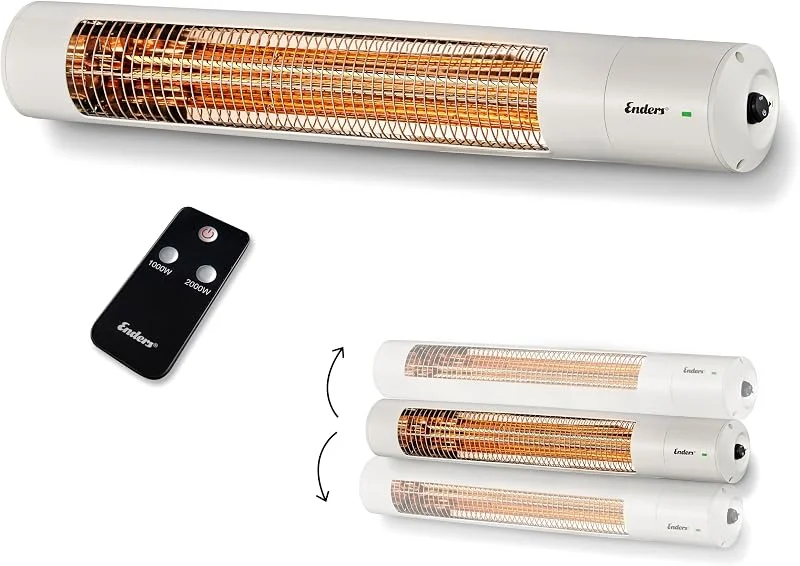 Enders Wandheizstrahler Oxeo White, Elektrostrahler, Heizpilz, Halogenstrahler, Infrarot-Strahlungswärme, 3 Leistungseinstellungen bis 2.000 W, Fernbedienung und Wandhalterung, Neigungswinkel #49286 — Heizung Warmepumpe