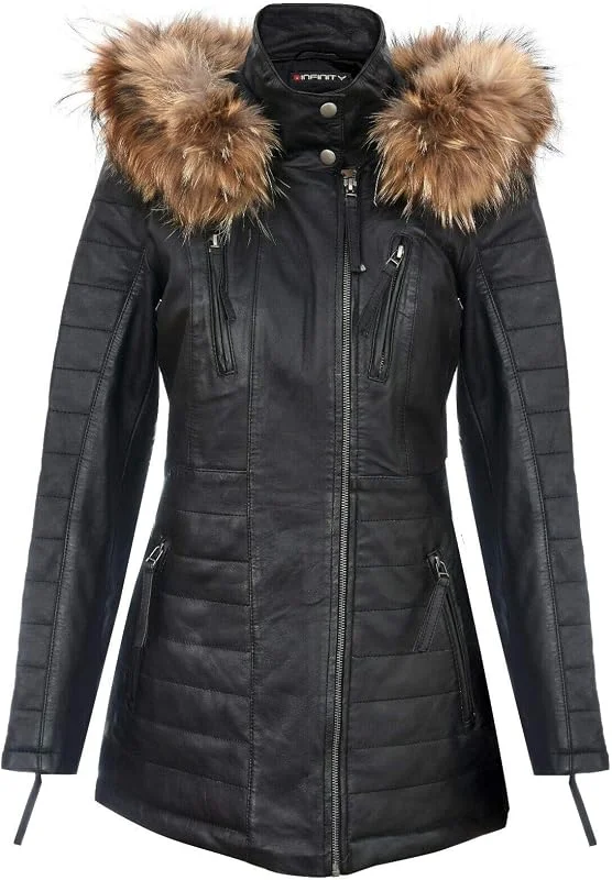 Damen Leder Parka Jacke Gesteppte Abnehmbare Kapuze Regenmantel — Heizkleidung