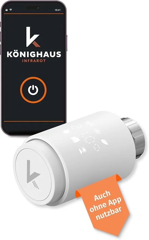 Könighaus Smartes Heizkörperthermostat OHNE Zigbee - Moderne Heizregelung mit App Steuerung ✓ Kompatibel mit Siri, Alexa, Google, Tuya ✓ kinderleichte Bedienung ✓ kein Zigbee oder Gateway nötig — Heizung Warmepumpe