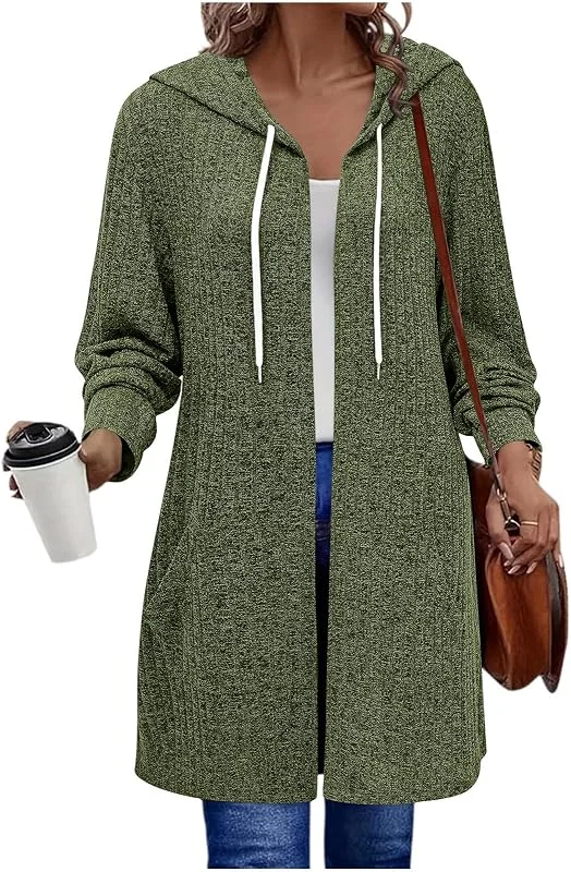 Kapuzenjacke Damen Winter Lang Strickjacke Offen Langarm Oversize Warm Kuschelig Weiche Oberbekleidung Locker Reißverschluss Lange Kapuze Jacke Damen mit Taschen für Date Abend Casual Ausgehen — Heizkleidung
