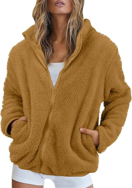 Fleecejacke Damen Stehkragen Teddyjacke Reißverschluss Plüschjacke Frauen Freizeit Kuscheljacke Flauschig Jacke Winter Einfarbig Winterjacke Damen Warm Dicke Elegant Mantel Weich Bequem — Heizkleidung