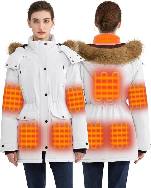 Weiß Beheizbare Jacke Damen mit 18400mAh 12V Powerbank, Parka Heizjacke Damen, Parka Damen Winter Beheizte Jacke mit Abnehmbarer Kapuze im Freien-M — Heizkleidung