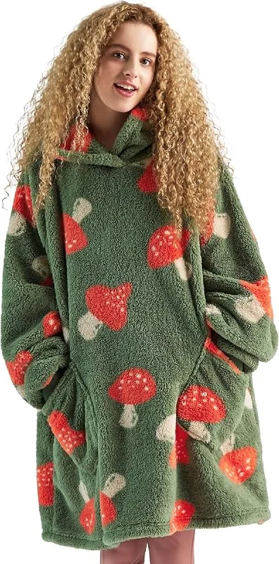 BEDSURE Hoodie Decke mit Ärmeln Geschenke Grau-olivgrün - 95x85 Pilz — Heizung Warmepumpe