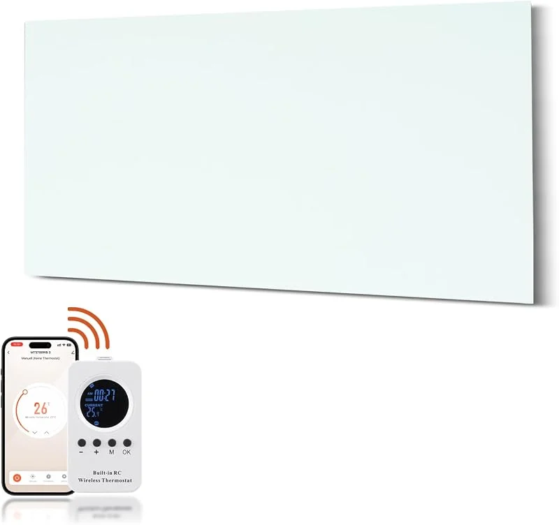 Infrarotheizung Glas 800W, Infrarot Glasheizung mit Fernbedienung 120x60 CM, Elektroheizung mit Überhitzungsschutz, WIFI (Tuya Smart), Weiß, TÜV. — Heizung Warmepumpe