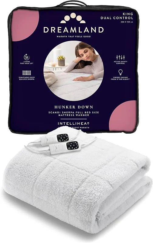 Dreamland King Size Hunker Down Scandi Sherpa Elektrische Unterdecke (Intelliheat Plus Fast Heat, maschinenwaschbar, 200 x 150 cm, 2 abnehmbare Regler, 6 Temperatur und Auto-Timer) — Heizung Warmepumpe