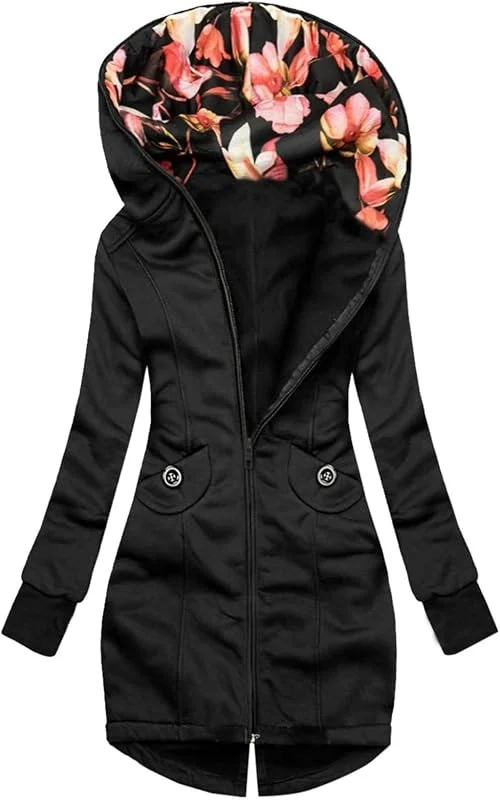 Blumenmantel Frauen Lange Jacke Druckarm-Sweatshirt-Reißverschluss TaschenDamenmantel Partnerpullovers Weihnachten Hoodie Damen Grosse Groessen 56 Kapuzenpullover Plus Size Sweatshirt — Heizkleidung