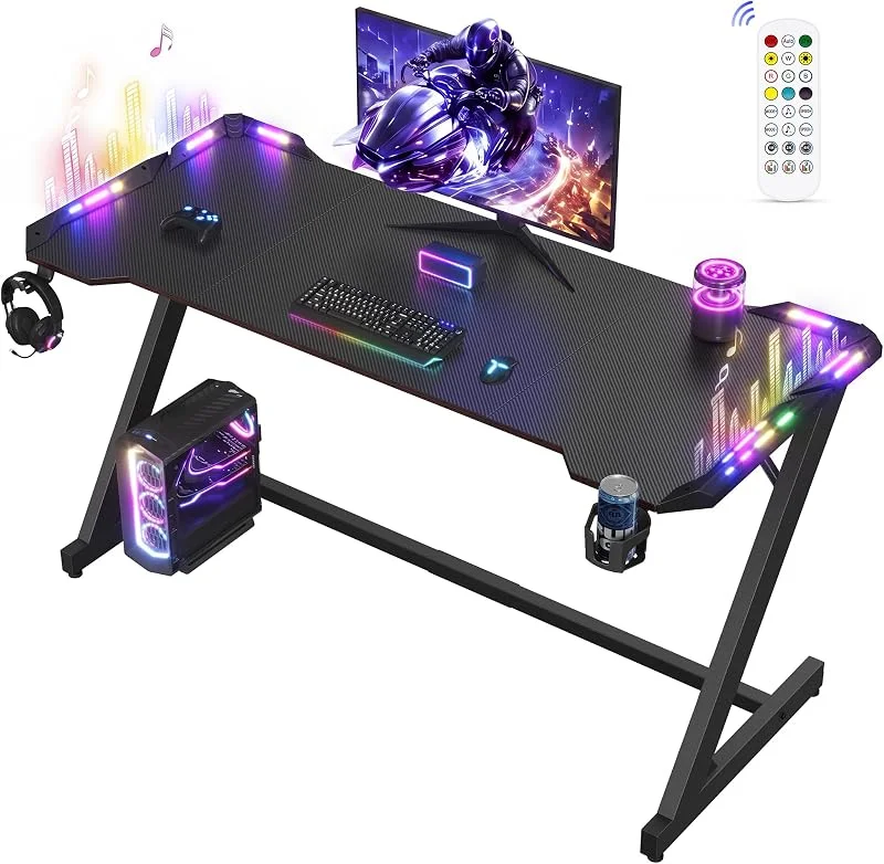 VASAGLE Gaming Tisch, Kohlefaser, RGB Beleuchtung, 100 x 60 x 76 cm — Küche & Haushalt