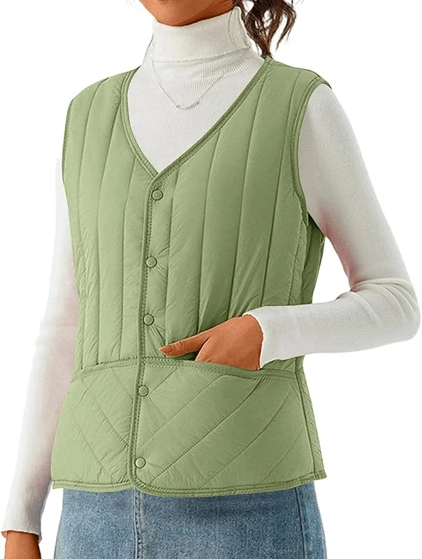 Generisch Steppweste Damen Ärmellos Baumwolle Weste Damen Elegant Leichte Daunenweste Einfarbig Übergangsjacke V-Ausschnitt Outdoor Winterjacke Warm Winter Damenweste Mit Knöpfen Thermo Westen — Heizkleidung