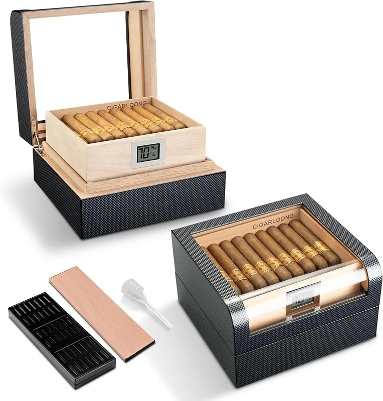 Zigarren Humidor aus Zedernholz, Zigarrenbox mit Hygrometer und Luftbefeuchter, Doppelraum Zigarrenkiste Große Kapazität für 60-70 Zigarren mit Transparent Gebogene Glass Top (Schwarz)