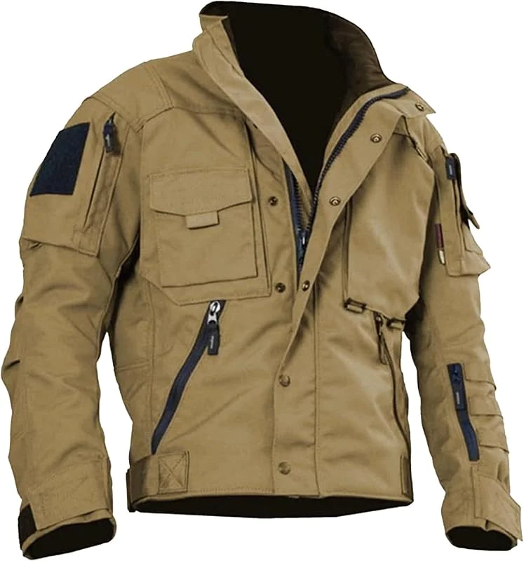 Herren Outdoor Cargo Tactical Jacken Multi-Pockets Stehkragen Militärjacken Leichter Windbreaker aus Baumwolle — Heizkleidung