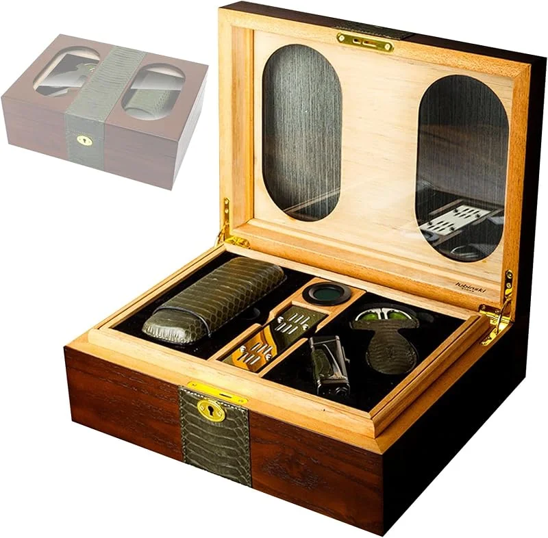 Humidor Zigarren, Reisehumidor, Tragbares Zigarrenbox-Set mit Luftbefeuchter und Hygrometer, Glasplatte, Doppelschicht-Design, Zigarrengeschenke für Männer